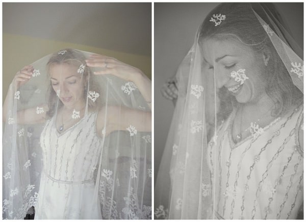 bride in a vintage wedding dress and vintage veil