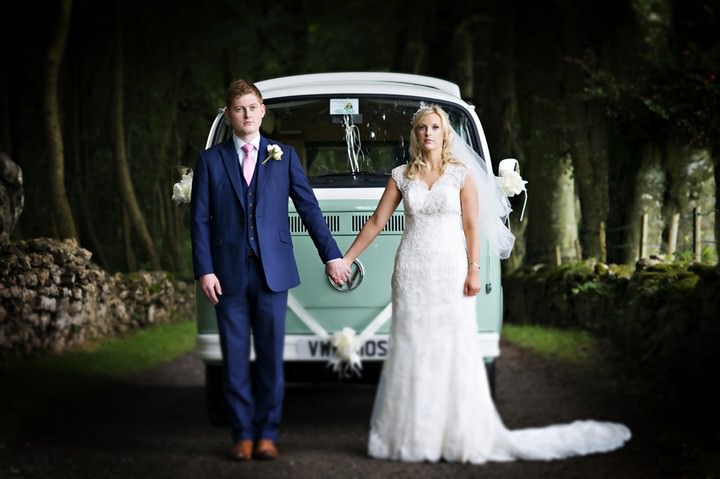 bride and groom with VW camper van