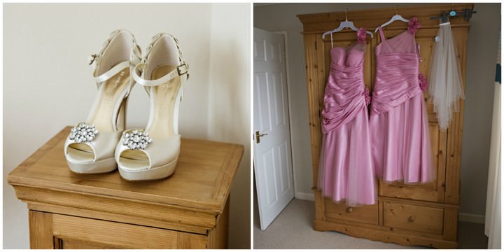 wedding shoes and pink bridesmaids dresses