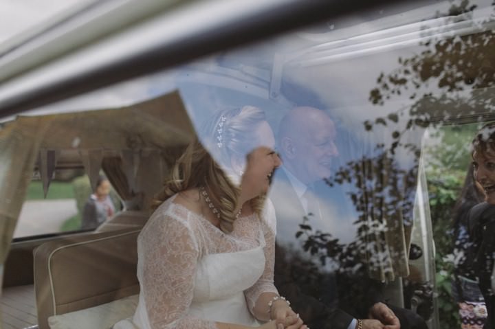 Bride in white wedding VW camper van