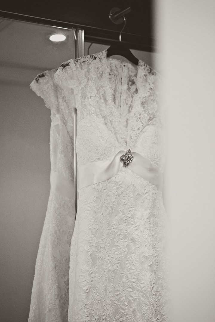 wedding dress hanging up