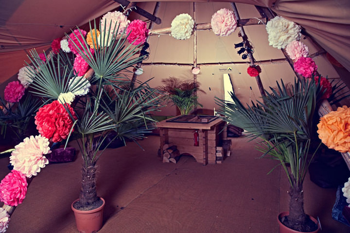 16 70's Wedding with flower crowns and Tipis