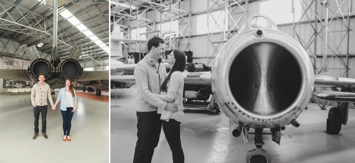 Engagement Shoot in a airplane hanger