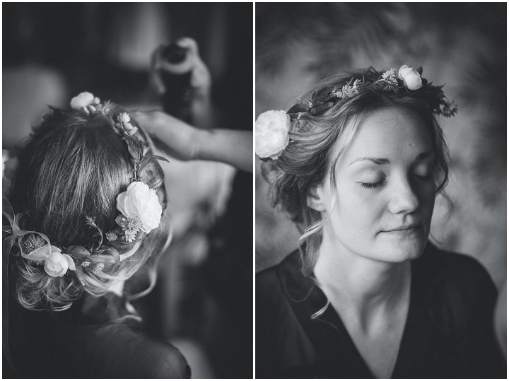 Outdoor Swedish Wedding bride wearing flower crown in Göteborg By Loke Roos Photography