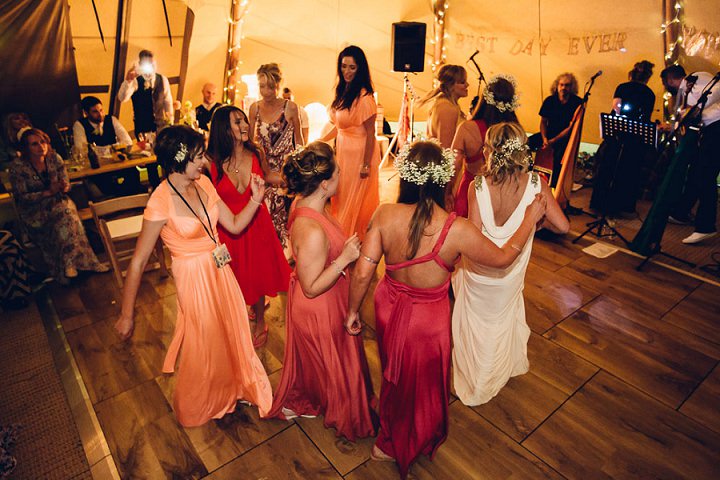 Festival Wedding bridesmaids at Stanley Villa Farm in Preston By Mike Plunkett Photography