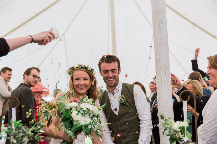 Festival Style Somerset Wedding with a Pink Tractor, english green and white flowers and outdoor games by Siobhan Amy Photography.