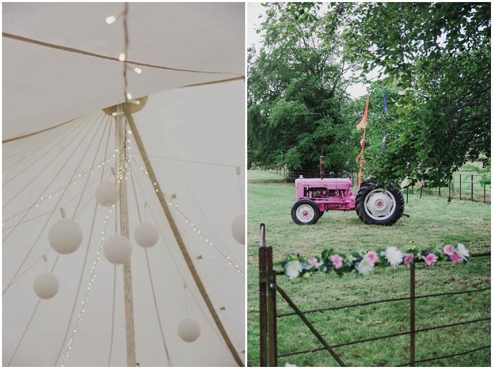 Festival Style Somerset Wedding with a Pink Tractor, english green and white flowers and outdoor games by Siobhan Amy Photography.