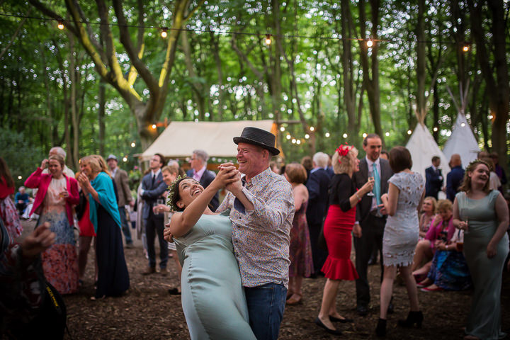 Family Affair Wonderful Woodland Wedding by Lucy Noble, with a Jenny Packham dress, bunting, a fire pit and dancing under the stars.