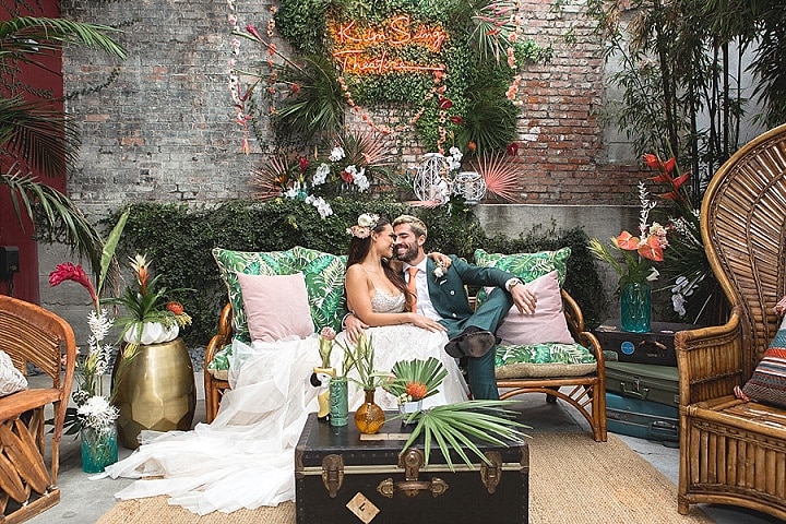 Vibrant Tiki Inspired Sustainable Wedding Inspiration in Downtown Los Angeles