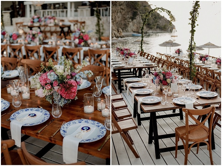 Le mariage rêveur rose et bleu de Vasilis et Maro au bord de l'eau en Grèce