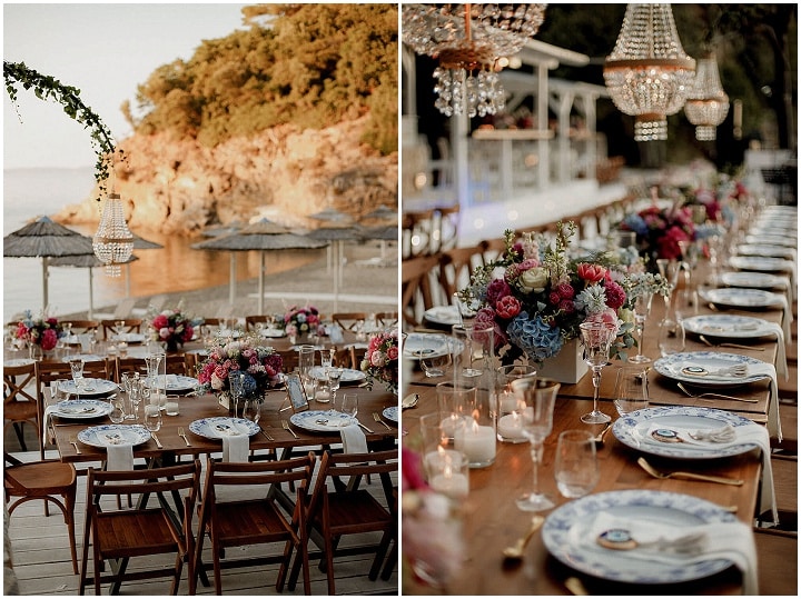 Le mariage rêveur rose et bleu de Vasilis et Maro au bord de l'eau en Grèce