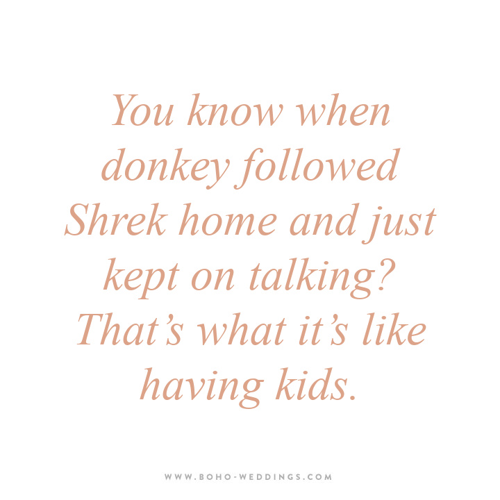 You know when donkey followed Shrek home and just kept on talking? That’s what it’s like having kids.  You know when donkey followed Shrek home and just kept on talking? That’s what it’s like having kids.